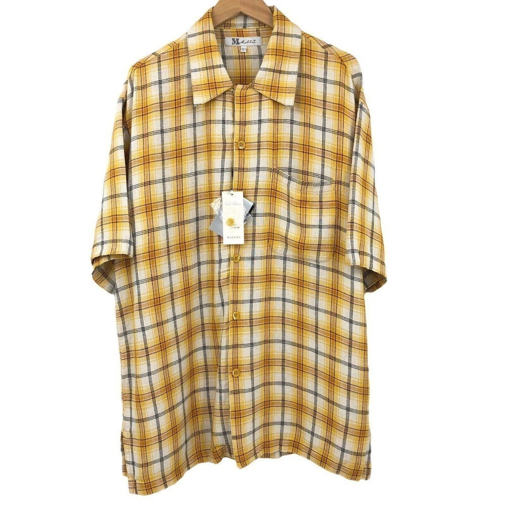 Maltos Men’s Button Up Shirt Size L Plaid Linen Rayon Blend Short Sleeve Yellow